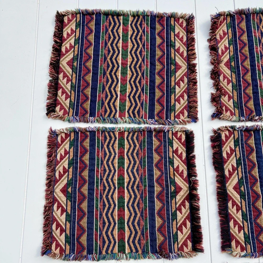 Vintage Southwestern Geometric Fabric Fringe Placemats | Set of 6